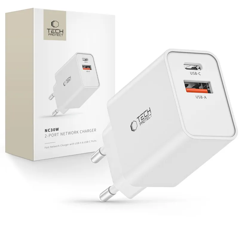 Promocja Tech-Protect ® Ładowarka Sieciowa Usb-C Pd / Usb-A Qc 30W Biała Hurtownia Dropsh