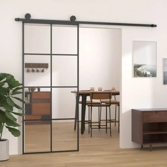 Drzwi przesuwne, czarne, 90x205 cm, szkło ESG i aluminium Lumarko! - Hurtownia wielobranżowa Lumarko Szybka wysyłka