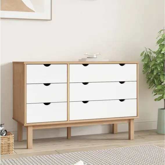 Komoda z szufladami, brązowo-biała, 113,5x39,5x73 cm lita sosna Lumarko! - Hurtownia wielobranżowa Lumarko Sprawdź teraz