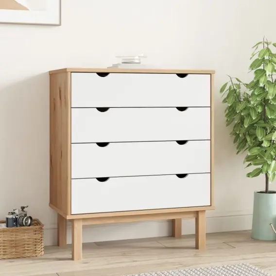 Bezpieczna płatność Komoda z szufladami, brązowo-biała, 76,5x39,5x90 cm, lita sosna Lumarko! - Hurtownia wielobranżowa Lumarko