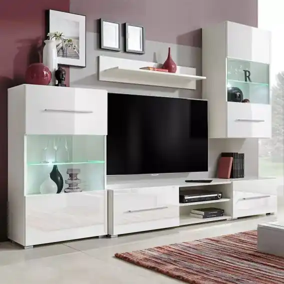 Meble do salonu z szafką pod TV i podświetleniem LED, 5 elementów, białe Lumarko! - Hurtownia wielobranżowa Lumarko Łatwy zwrot