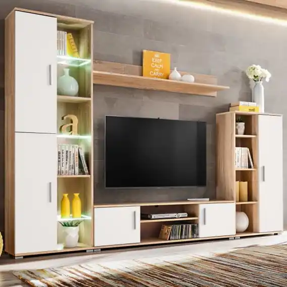Meblościanka pod TV z oświetleniem LED, dąb sonoma i biały Lumarko! - Hurtownia wielobranżowa Lumarko Zamów teraz