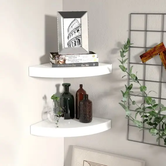 Sprawdź teraz Narożne półki ścienne, 2 szt., połysk, białe, 25x25x3,8 cm, MDF Lumarko! - Hurtownia wielobranżowa Lumarko