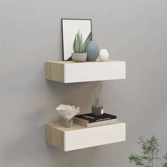 Półki ścienne z szufladą, 2 szt., dąb i biel, 40x23,5x10cm, MDF Lumarko! - Hurtownia wielobranżowa Lumarko Tylko do końca tygodnia
