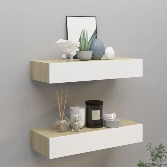Półki ścienne z szufladą, 2 szt., dąb i biel, 60 x 23,5 x 10cm, MDF Lumarko! - Hurtownia wielobranżowa Lumarko Hit cenowy