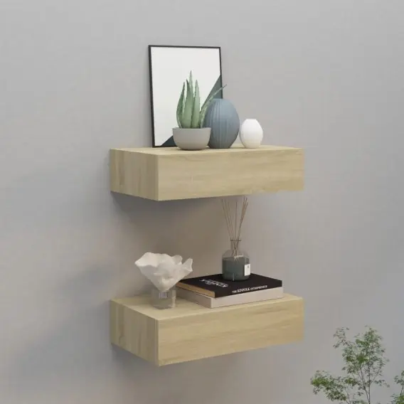 Ekspresowa dostawa Półki ścienne z szufladą, 2 szt., dąb, 40x23,5x10 cm, MDF Lumarko! - Hurtownia wielobranżowa Lumarko