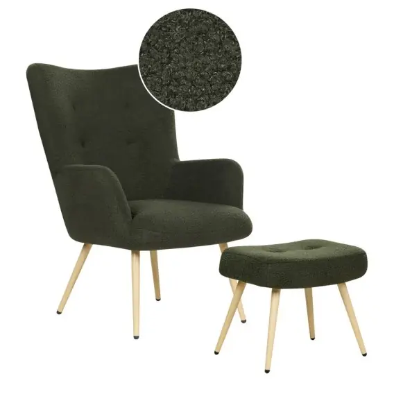 Nowy Fotel z podnóżkiem boucle ciemnozielony VEJLE - elegancki Lumarko
