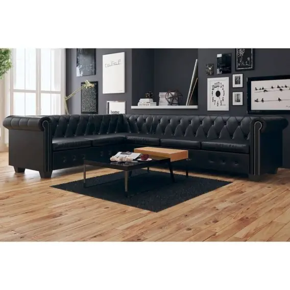 Ograniczona ilość Sofa rogowa Chesterfield sześcioosobowa czarna, sztuczna skóra - Hurtownia wielobranżowa Lumarko
