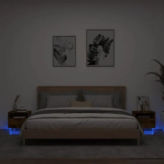 Szafki nocne z LED, 2 szt., przydymiony dąb, 40x39x37 cm Lumarko! - Hurtownia wielobranżowa Lumarko Okazja
