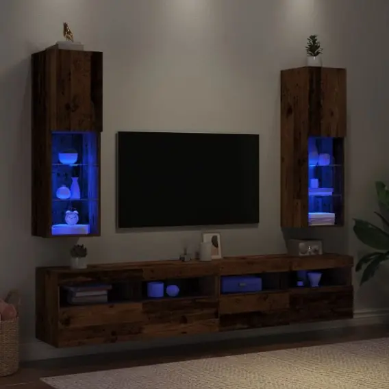 Szafki TV, z LED, 2 szt., stare drewno, 30,5x30x102 cm Lumarko! - Hurtownia wielobranżowa Lumarko Ekspresowa dostawa