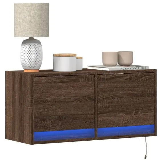 Niska cena Ścienna szafka TV z LED, brązowy dąb, 80x31x35 cm Lumarko! - Hurtownia wielobranżowa Lumarko
