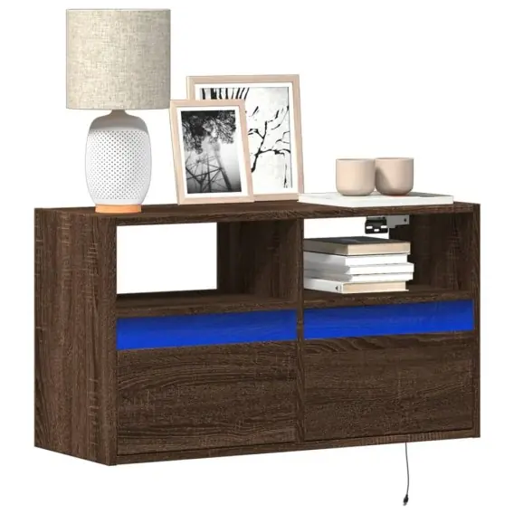 Ścienna szafka TV z LED, brązowy dąb, 80x31x45 cm Lumarko! - Hurtownia wielobranżowa Lumarko Taniej