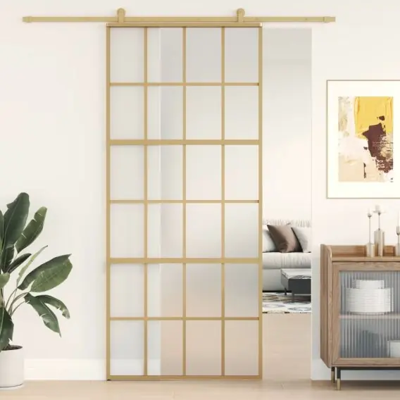 VidaXL Drzwi przesuwne, złote, 90x205 cm, mrożone szkło ESG, aluminium - Hurtownia wielobranżowa Lumarko Darmowy zwrot