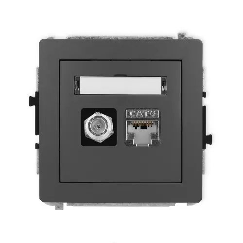 Wyjątkowa oferta Mechanizm gniazda antenowego poj. typu F (SAT) + gniazda komp. poj. 1xRJ45, kat. 6 ekranowany, 8-stykowy Karlik DECO grafitowy mat 28DGFK-5