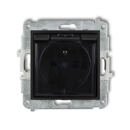 Mechanizm gniazda bryzgoszczelnego z uziemieniem 2P+Z (klapka dymna, przesłony torów prądowych) Karlik ICON czarny mat 12IGPB-1zdp Wybór klientów