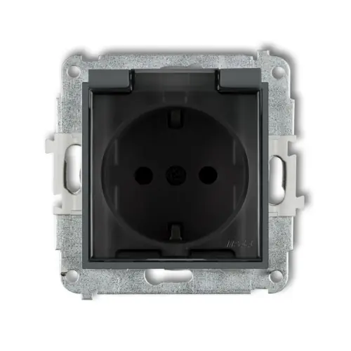 Wyprzedaż Mechanizm gniazda bryzgoszczelnego z uziemieniem SCHUKO 2P+Z (klapka dymna, przesłony torów prądowych) Karlik MINI grafitowy mat 28MGPB-1sdp