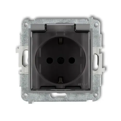 Mechanizm gniazda bryzgoszczelnego z uziemieniem SCHUKO 2P+Z (klapka dymna, przesłony torów prądowych) Karlik MINI szary mat 27MGPB-1sdp Do wyczerpania zapasów