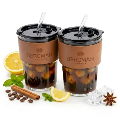 Ograniczona ilość 2x KUBKI TERMICZNE SZKLANE 400ml Z POKRYWKĄ ZE SŁOMKĄ DO KAWY HERBATY BLACK