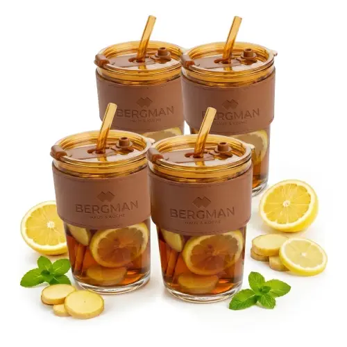 4x KUBKI TERMICZNE SZKLANE 400ml POKRYWKA ZE SŁOMKĄ DO KAWY HERBATY YELLOW Tani