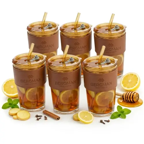6x KUBKI TERMICZNE SZKLANE 400ml POKRYWKA ZE SŁOMKĄ DO KAWY HERBATY YELLOW Dostępne od ręki