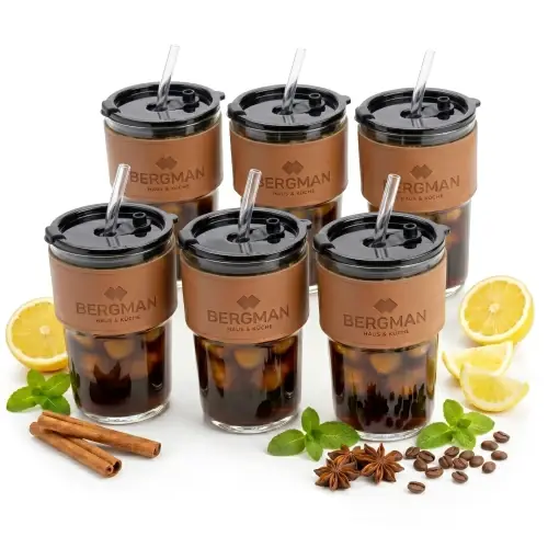 Premium 6x KUBKI TERMICZNE SZKLANE 400ml Z POKRYWKĄ ZE SŁOMKĄ DO KAWY HERBATY BLACK