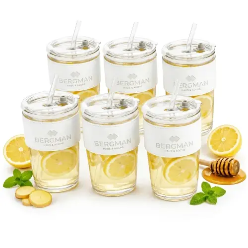 6x KUBKI TERMICZNE SZKLANE 400ml Z POKRYWKĄ ZE SŁOMKĄ DO KAWY HERBATY WHITE Tylko do końca tygodnia