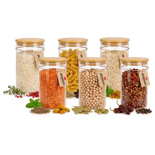 6x POJEMNIKI NA ŻYWNOŚĆ SZKLANE 1200 ml PRODUKTY SYPKIE Z BAMBUSOWĄ POKRYWKĄ Wyjątkowa oferta