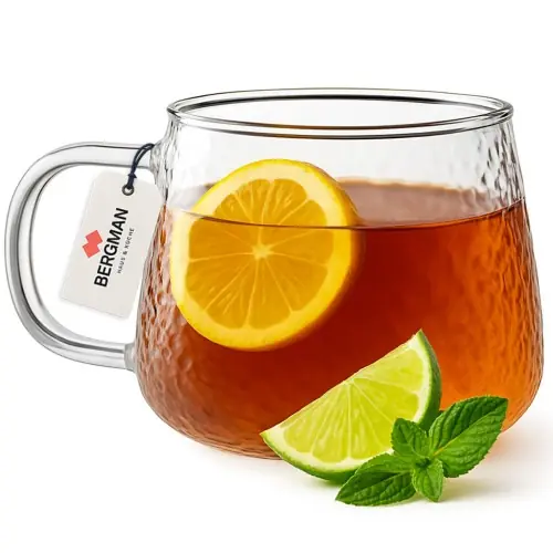 Szklanka ryflowana 420ml z uchem kubek szklany do kawy i herbaty Bergman Zniżka