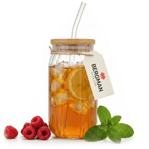 SZKLANKA ZE SŁOMKĄ 480 ml PRĄŻKOWANA BAMBUSOWA POKRYWKA DO NAPOJÓW BERGMAN Nowość